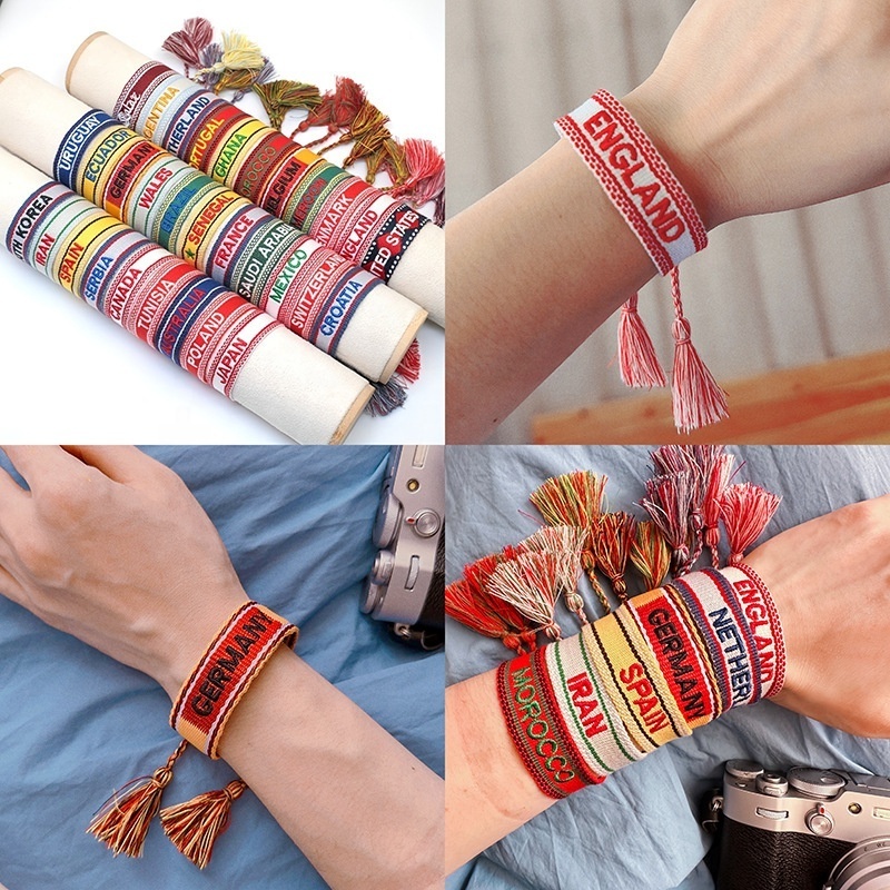 Hot Sell WorldCup Adjustable Handmade Braided Wrap Bracelet Customized Inspire Name Embroidered Friendship Fabric Bracelets