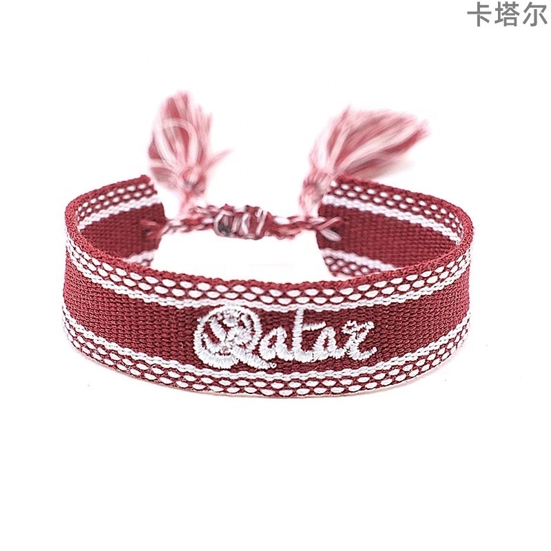 Hot Sell WorldCup Adjustable Handmade Braided Wrap Bracelet Customized Inspire Name Embroidered Friendship Fabric Bracelets