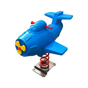 Kids cartoon ride on toy outdoor playground equipment blue plane plastic spring rocking horse for sale