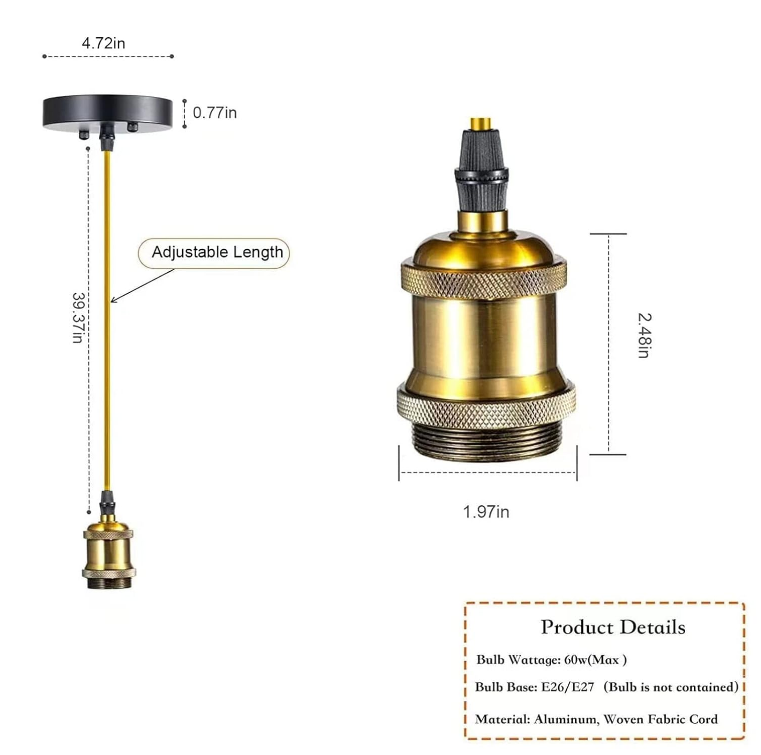 Quality Assurance Edison Retro Pendant Light UL Lamp Holder Fixture E26 E27 Lamp Socket