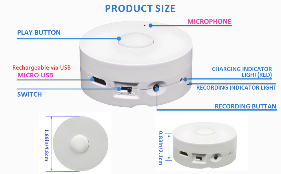 Mini Recordable Voice and Music Module Push Button Voice Recorder Device for Plush Toys and Dolls Speaker Genre Sound Box