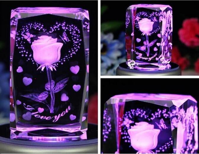 beautiful 3D laser crystal rose cube with LED light