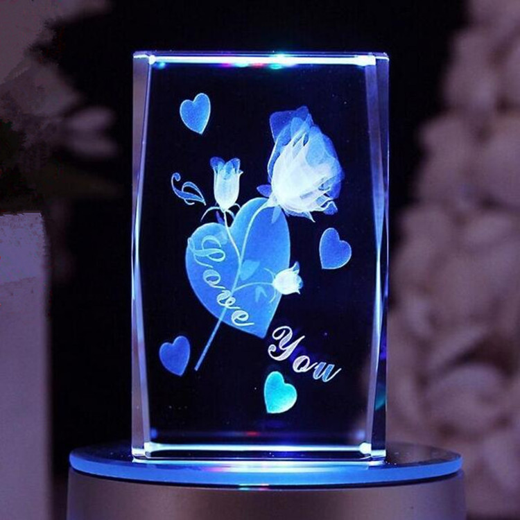 beautiful 3D laser crystal rose cube with LED light