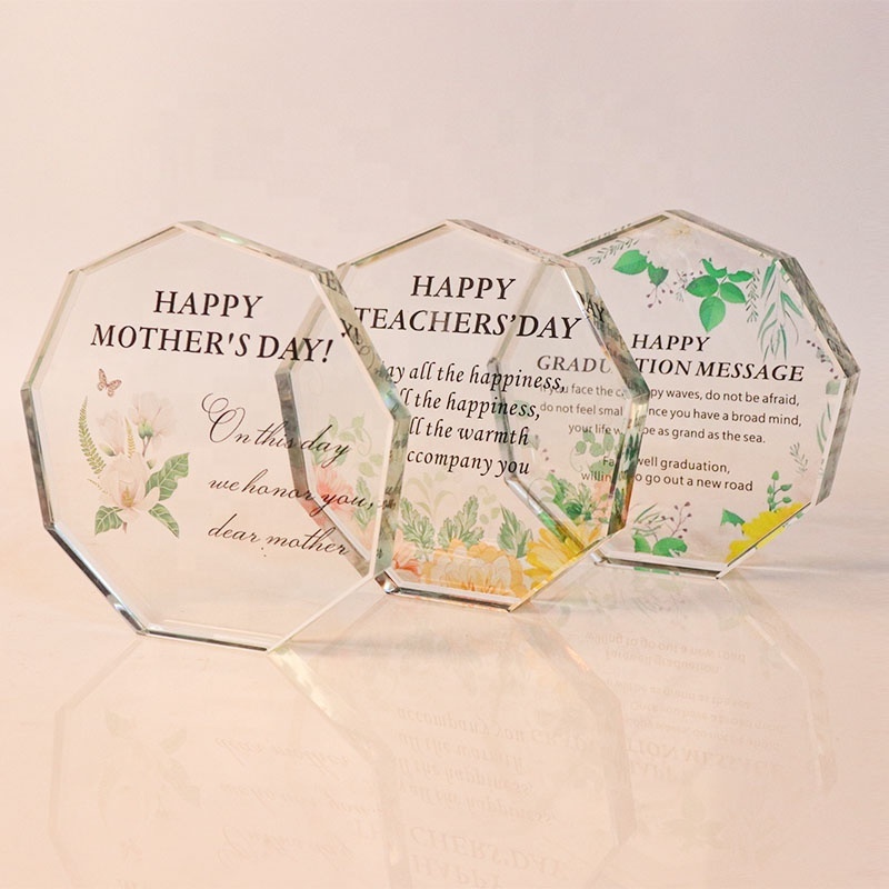 Customized Crystal Polygon glass Ornaments Memorial Gift Flower Gift Plaque Paperweight Table Gift