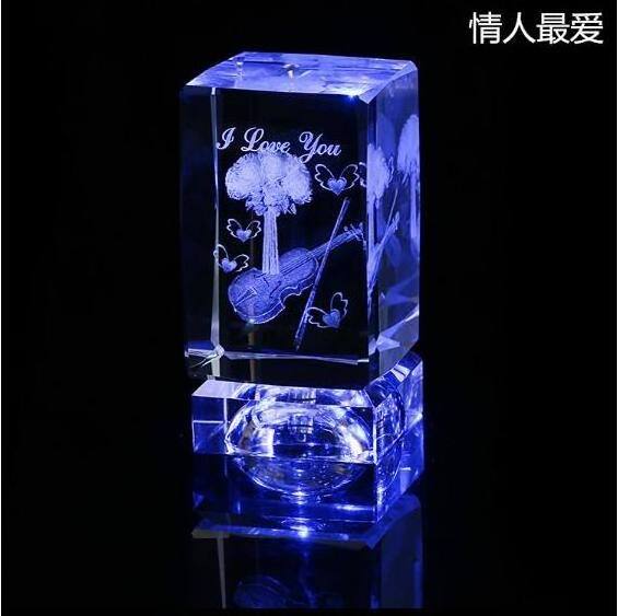 3D Laser Engraved Crystal Glass Rose Flower Cube With Led Light Base For Wedding Souvenirs Guests