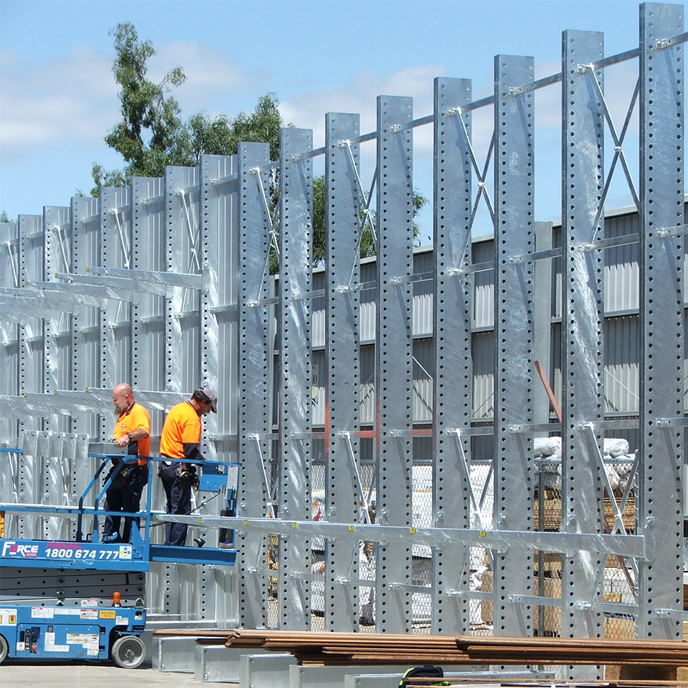 Industrial heavy duty HDG cantilever rack for outdoor use with roof and drain high capacity warehouse racking system