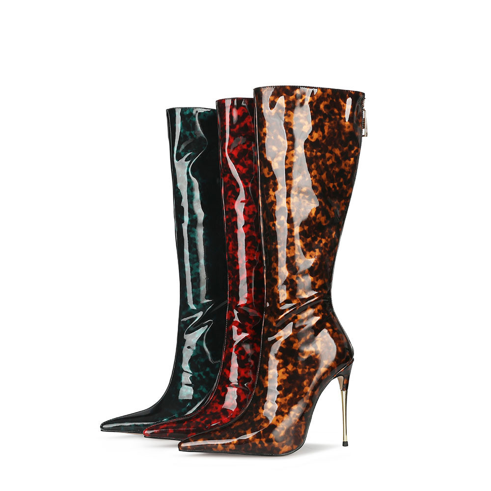 2023 Fashion Design Autumn Stiletto High Heels Patent Leather Brown Red Women's Boots Back Zipper Thin Heeled Knee High Boots