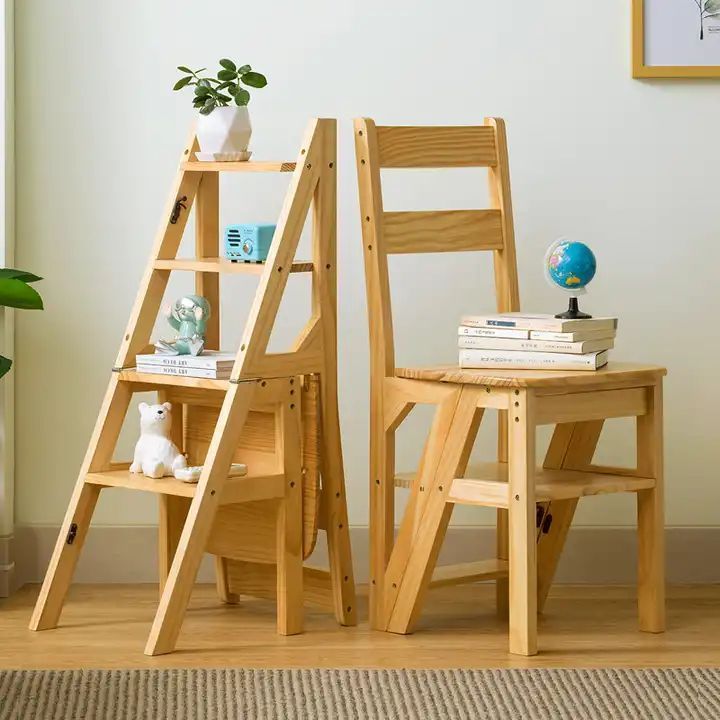 Wood Bamboo Folding Standing Multi-Function Ladder Plant Shelf Rack Step Stool Chair