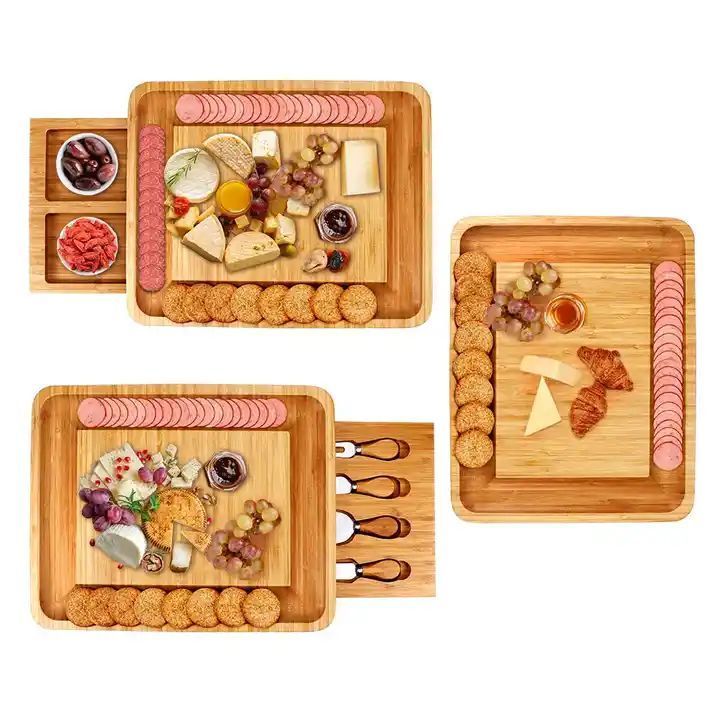 Cheese Plate Charcuterie Platter with Utensils Set and 4 Stainless Steel Cutting Knives Bamboo Cheese Board with Cheese Tools