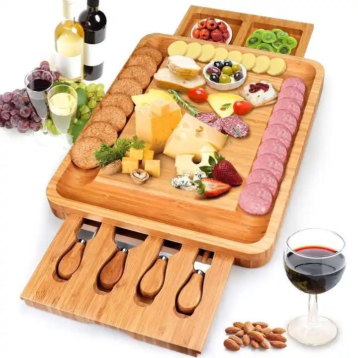 Cheese Plate Charcuterie Platter with Utensils Set and 4 Stainless Steel Cutting Knives Bamboo Cheese Board with Cheese Tools