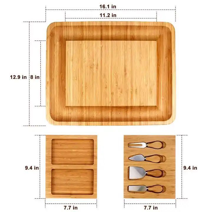 Cheese Plate Charcuterie Platter with Utensils Set and 4 Stainless Steel Cutting Knives Bamboo Cheese Board with Cheese Tools