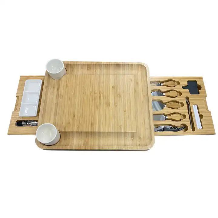 Cheese Plate Charcuterie Platter with Utensils Set and 4 Stainless Steel Cutting Knives Bamboo Cheese Board with Cheese Tools