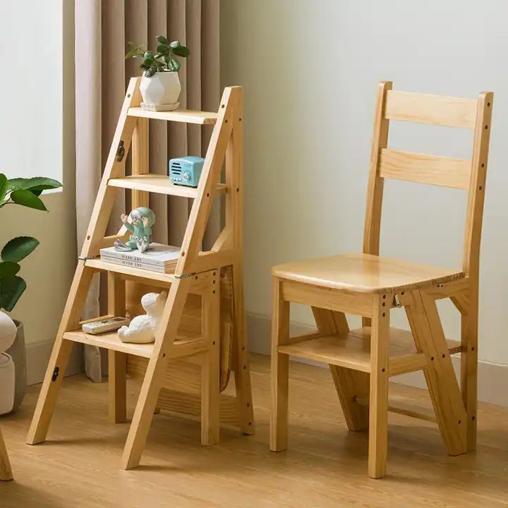 Wood Bamboo Folding Standing Multi-Function Ladder Plant Shelf Rack Step Stool Chair