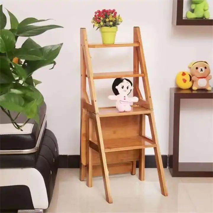 Wood Bamboo Folding Standing Multi-Function Ladder Plant Shelf Rack Step Stool Chair Multi-functional 4 step ladder chair