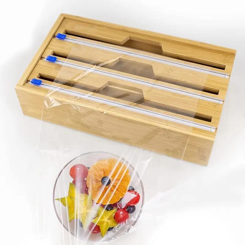 3 in 1 Bamboo Wrap Dispenser for Aluminum Foil Wax and Parchment Paper Organizer and Storage for Kitchen Drawer