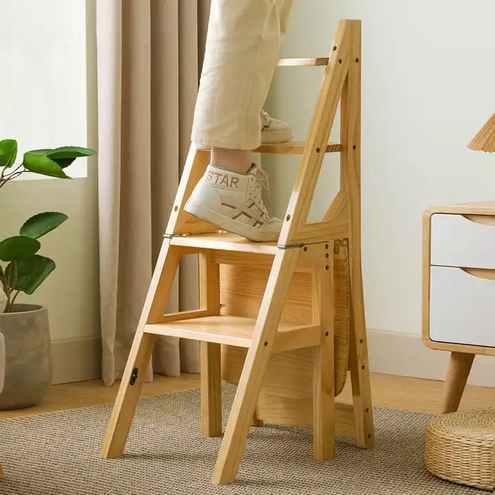 Wood Bamboo Folding Standing Multi-Function Ladder Plant Shelf Rack Step Stool Chair