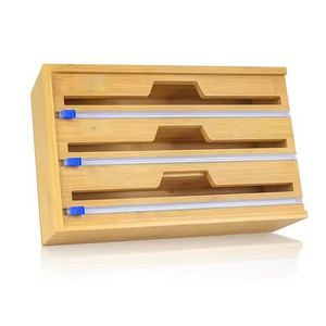 3 in 1 Bamboo Wrap Dispenser for Aluminum Foil Wax and Parchment Paper Organizer and Storage for Kitchen Drawer