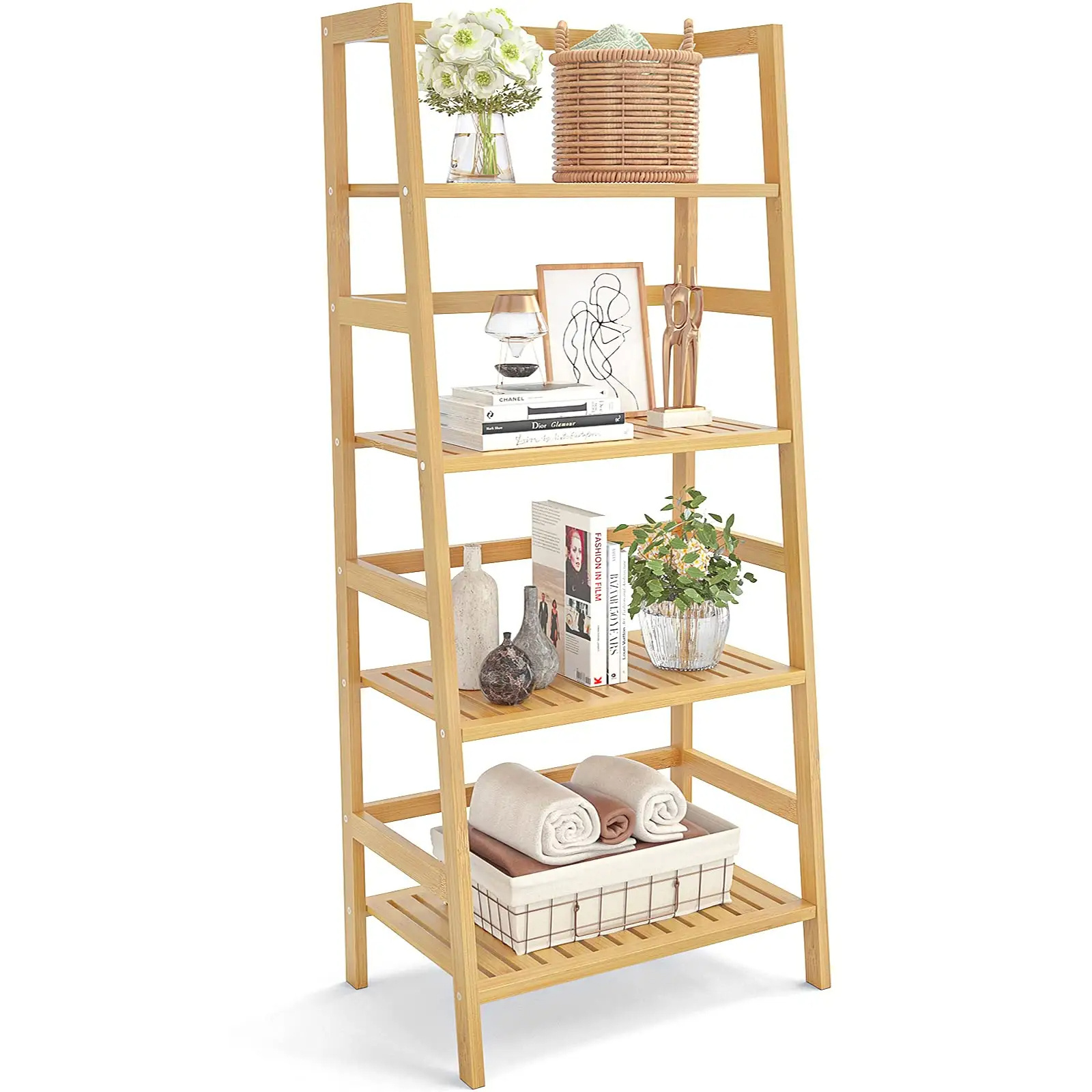 Multifunction Ladder Shelf Plant Stand Bookcase Organizer Bamboo Bookshelf 4-tier Kitchen Storage Rack Bathroom Shelves