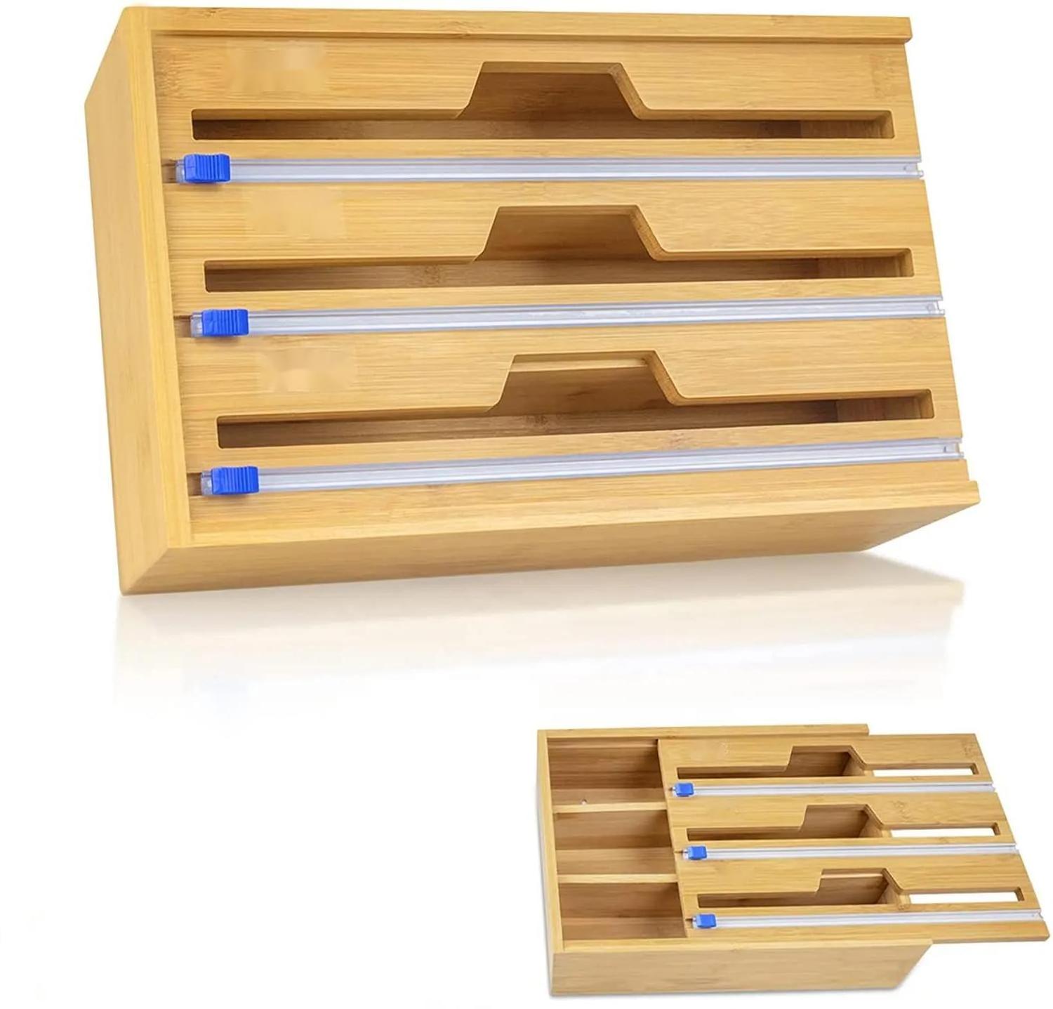 3 in 1 Bamboo Wrap Dispenser for Aluminum Foil Wax and Parchment Paper Organizer and Storage for Kitchen Drawer