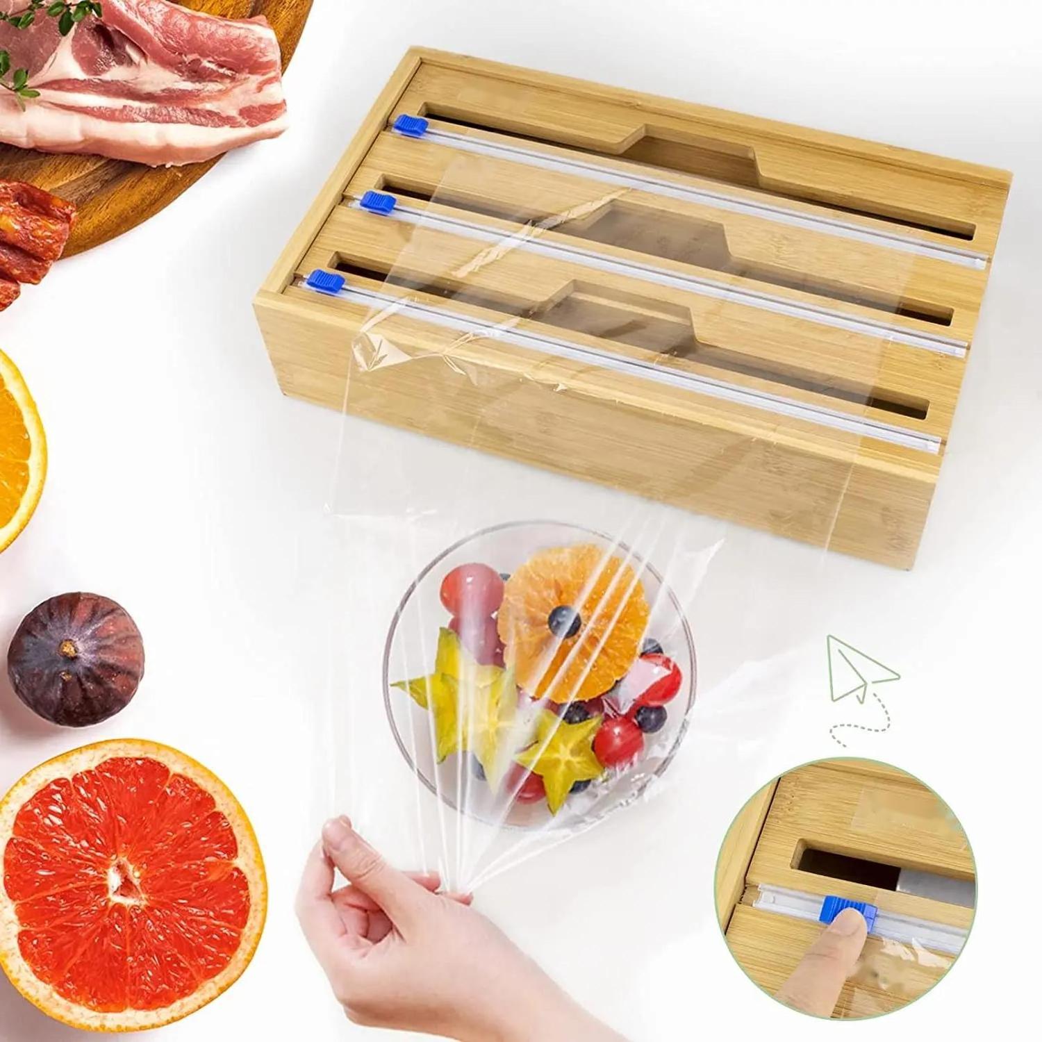 3 in 1 Bamboo Wrap Dispenser for Aluminum Foil Wax and Parchment Paper Organizer and Storage for Kitchen Drawer