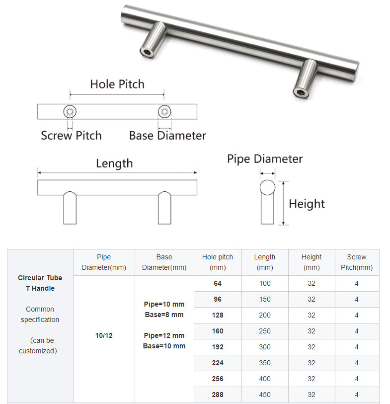 Jinrongda Modern Stainless Steel Furniture Kitchen Dresser Pull Handle Drawer T bar Cabinet Furniture Handles