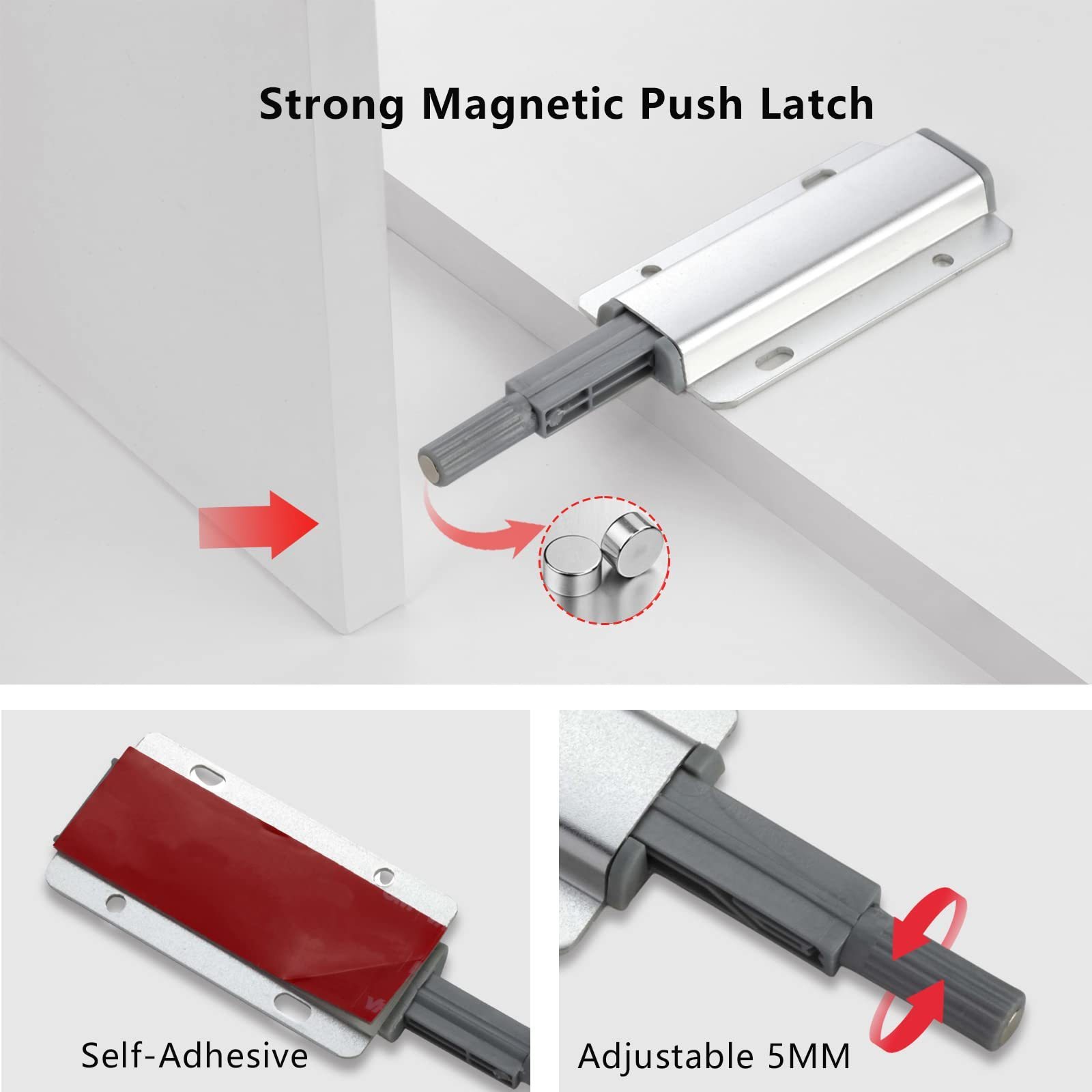 Jinrongda Adhesive Heavy Duty Touch Latch Push to Open Magnetic Door Catch for Cabinet Drawer Wardrobe Kitchen Door