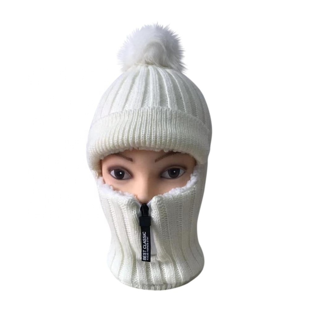 Balaclava Knit Ski Mask Wholesale Custom Winter Wholesale Custom Fur Pom Pom Knit Ski Mask with Zipper with Zipper Beanie Plain