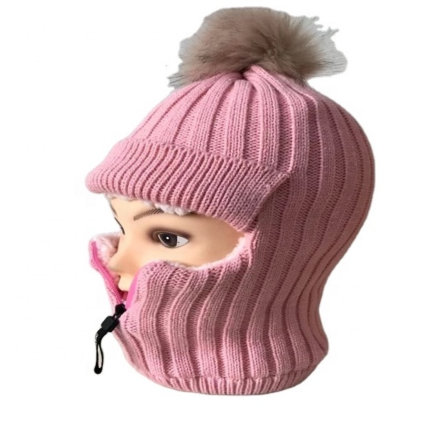 Balaclava Knit Ski Mask Wholesale Custom Winter Wholesale Custom Fur Pom Pom Knit Ski Mask with Zipper with Zipper Beanie Plain