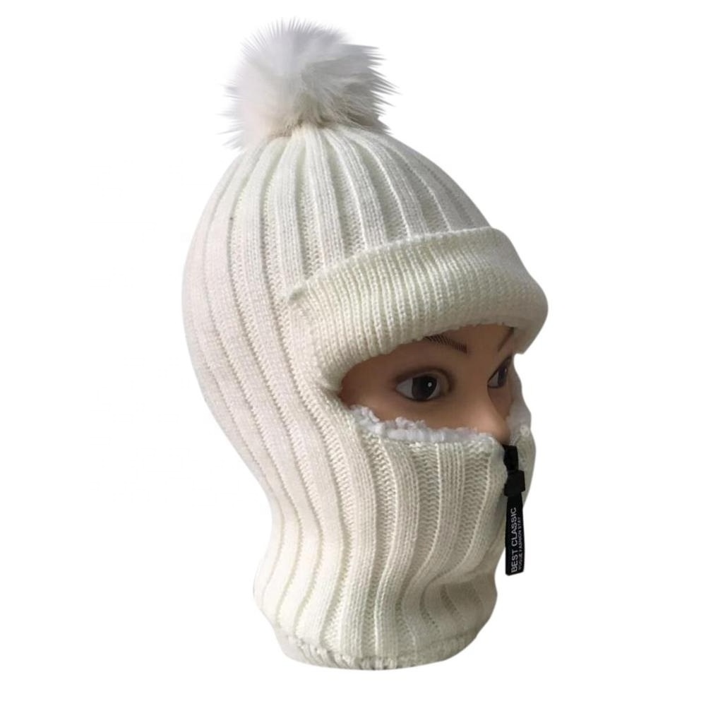 Balaclava Knit Ski Mask Wholesale Custom Winter Wholesale Custom Fur Pom Pom Knit Ski Mask with Zipper with Zipper Beanie Plain