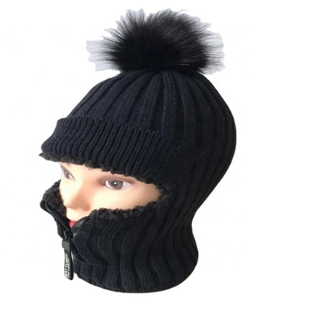 Balaclava Knit Ski Mask Wholesale Custom Winter Wholesale Custom Fur Pom Pom Knit Ski Mask with Zipper with Zipper Beanie Plain