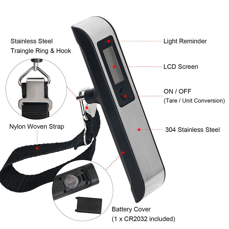 J&R Wholesale Custom Logo Light Hold Indication Portable 50kg Weighing Stainless Steel Handheld Digital Travel Scale