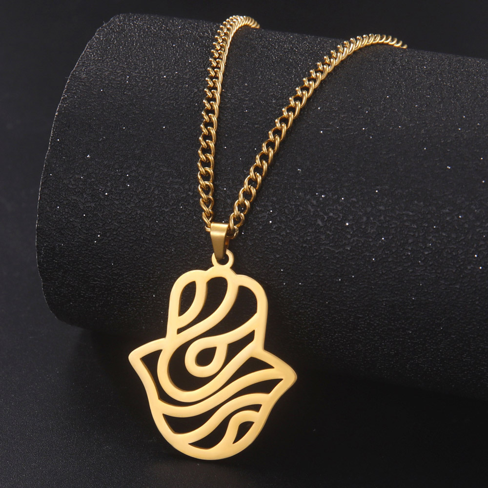 Wholesale religious jewelry women stainless steel gold hollow out hamsa pendant necklace