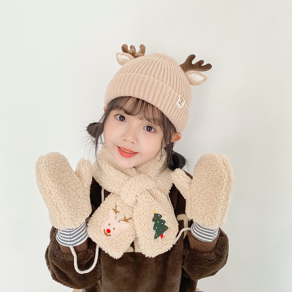 Christmas Deer Children's Kids Girls Festival Three-piece Hat Scarf Gloves Knitted Set Winter Warm Set Children's Hat