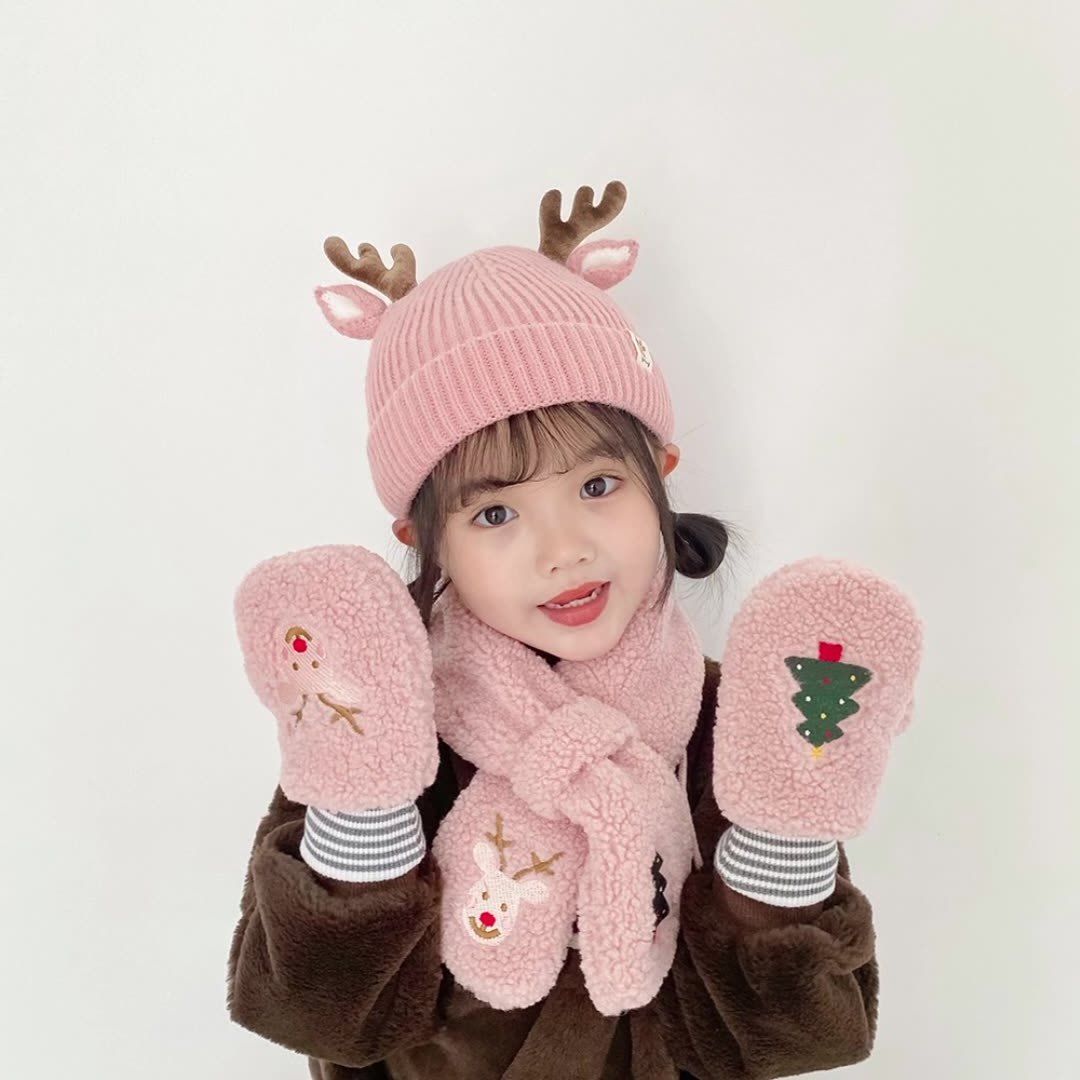 Christmas Deer Children's Kids Girls Festival Three-piece Hat Scarf Gloves Knitted Set Winter Warm Set Children's Hat