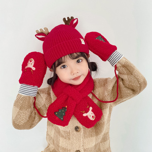 Christmas Deer Children's Kids Girls Festival Three-piece Hat Scarf Gloves Knitted Set Winter Warm Set Children's Hat