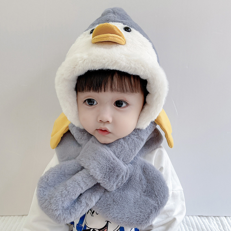 Winter children's hat and scarf one boy and girl thickened warm plush cute baby penguin ear protection hat