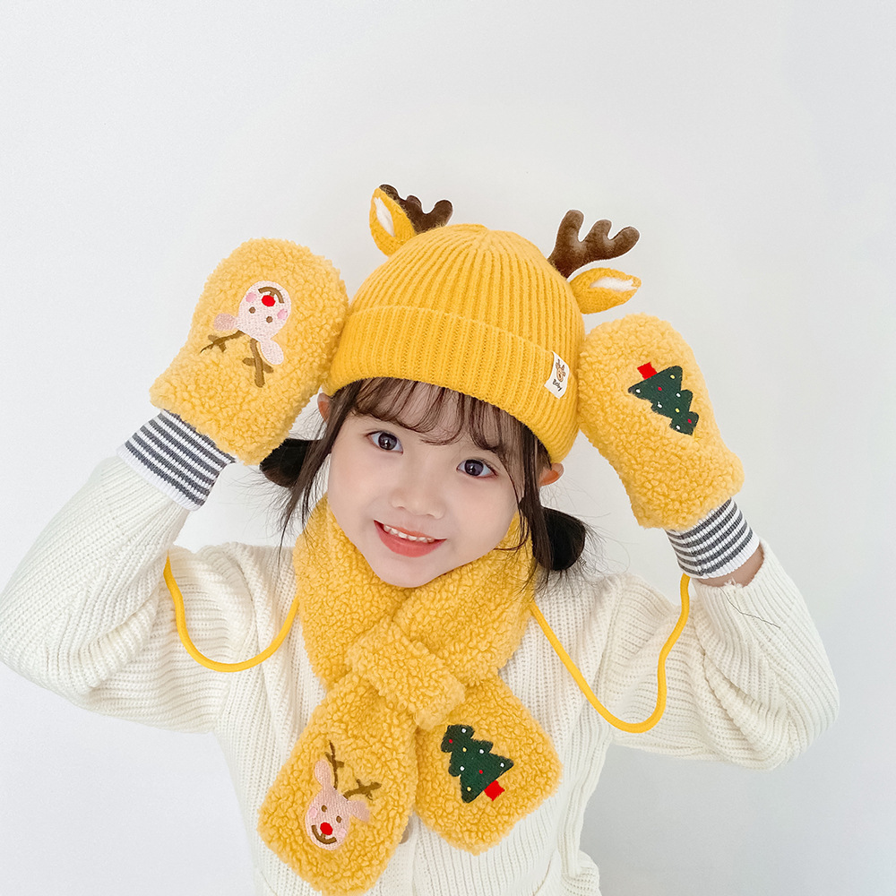 Christmas Deer Children's Kids Girls Festival Three-piece Hat Scarf Gloves Knitted Set Winter Warm Set Children's Hat