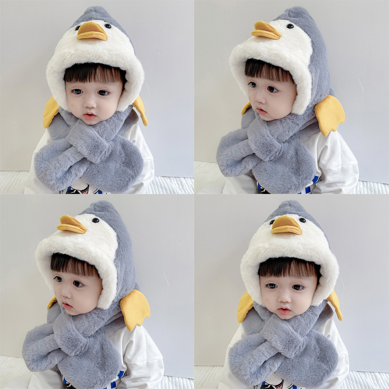 Winter children's hat and scarf one boy and girl thickened warm plush cute baby penguin ear protection hat