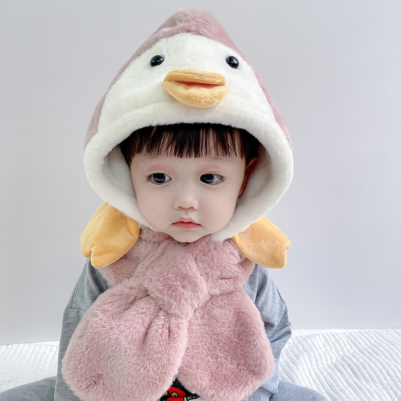 Winter children's hat and scarf one boy and girl thickened warm plush cute baby penguin ear protection hat