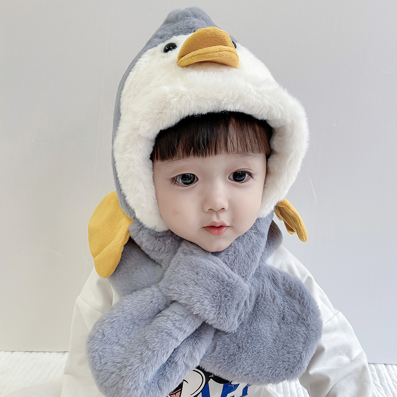 Winter children's hat and scarf one boy and girl thickened warm plush cute baby penguin ear protection hat