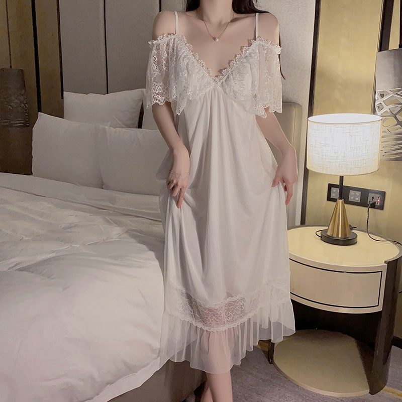 Princess Lace netting splice satin Deep V add Bra pad long-style loose Slip nightdress Sexy underwear