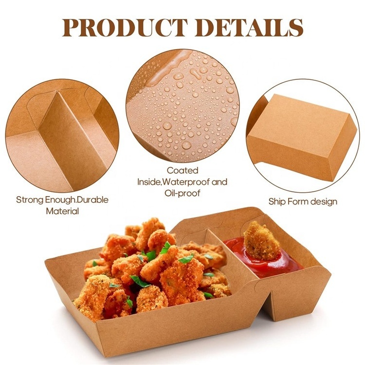 Eco Friendly Biodegradable Food Boats Boxes Disposable Brown Paper Boats Shape Food Holder Container Box