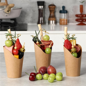 Biodegradable Disposable Popcorn Candy Food Cone Appetizer Cups Kraft French Fry Holder with Cocktail Picks