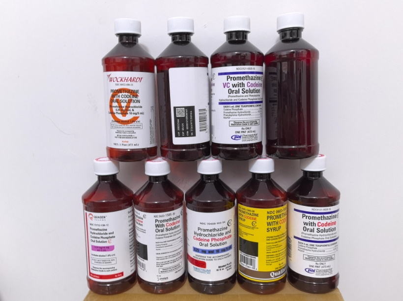 16 oz amber pet bottle with Red CRC Caps syrup Lean bottle with Wockhardt Tris Quagen Akorn Par PAI Qualitest TEVA Labels