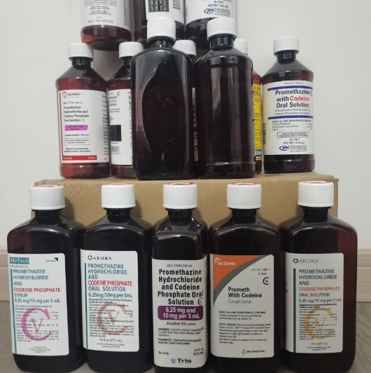 16 oz amber pet bottle with Red CRC Caps syrup Lean bottle with Wockhardt Tris Quagen Akorn Par PAI Qualitest TEVA Labels