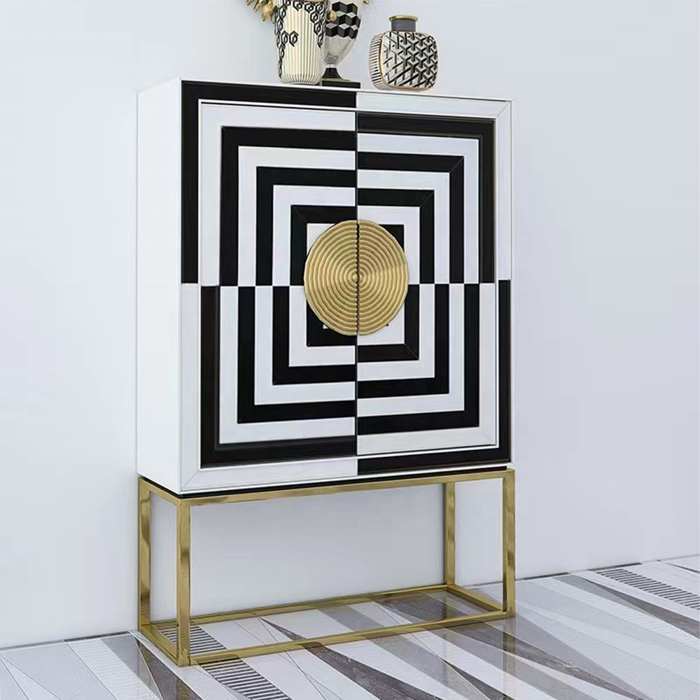 Modern Luxury Black And White Painted Glass Door With Gold Stainless Steel Base Wine Cabinet Buffet Cabinet Furniture