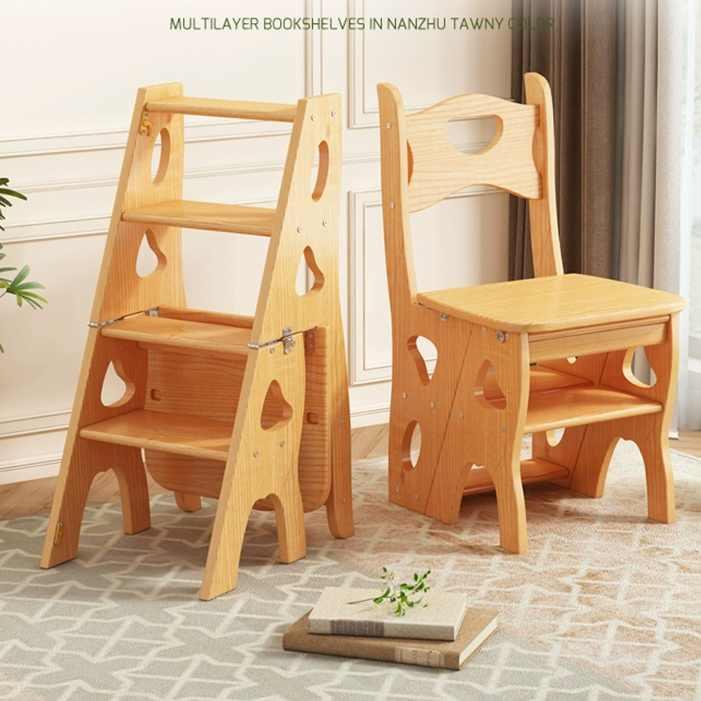 2023 New Design Functional Convertible Folding Solid Wood Bamboo Step Ladder Chair For Warehouse And Library Dining Chair