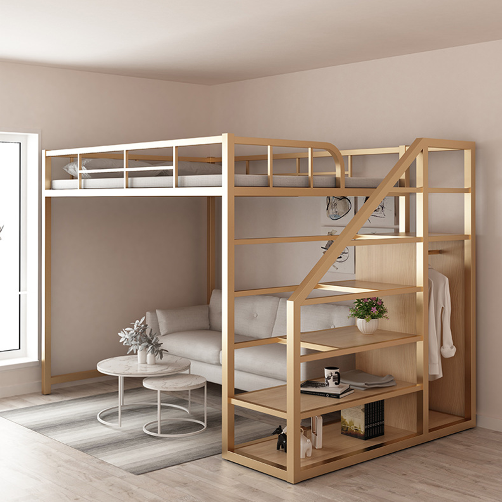 Modern metal loft bunk bed with storage Apartment Dormitory Iron Bed Space-Saving Multifunctional Floor Bed bedroom furniture