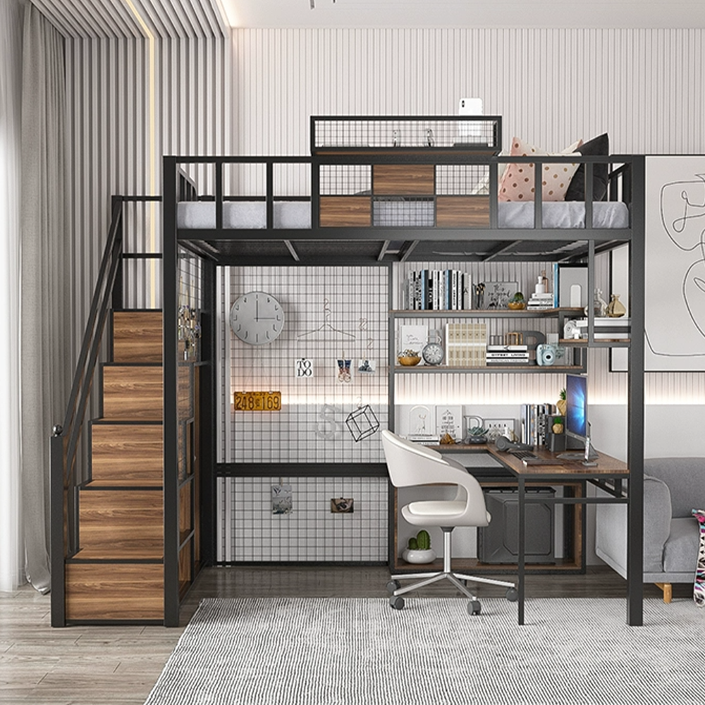 Factory Direct Small Apartment Home Dormitory Metal Stable Student Wooden Storage Loft Bunk Bed With Desk