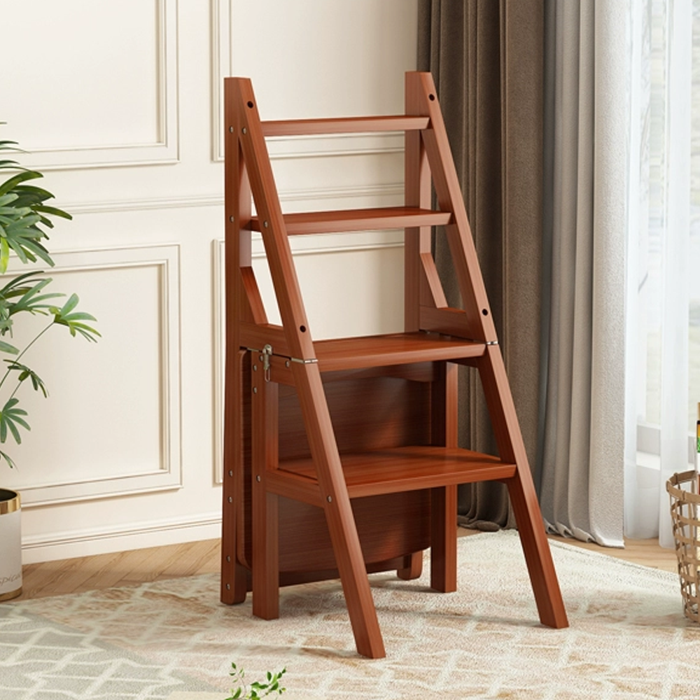 2023 New Design Functional Convertible Folding Solid Wood Bamboo Step Ladder Chair For Warehouse And Library Dining Chair